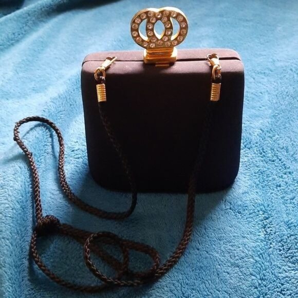 Handbags - 90's Vintage Black and Gold Minauderie Crossbody Clutch